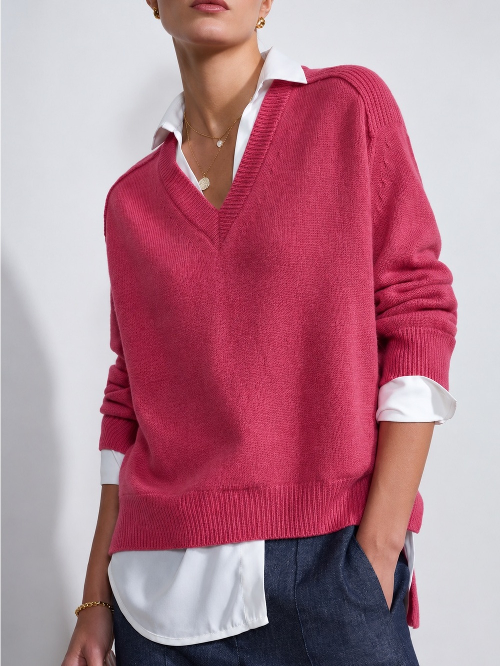 Brochu Walker Aster Pink Wool Cashmere Layered V Neck Sweater M
